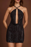 Embellished Halterneck Cowl A line Mini Dress in Black