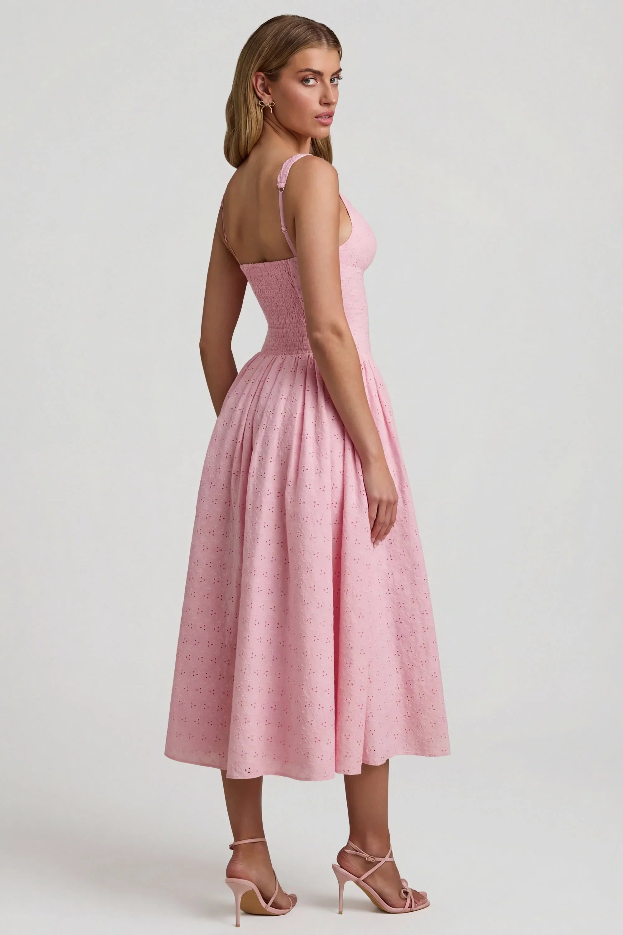 Broderie Anglaise Bow Detail A Line Midaxi Dress in Soft Pink