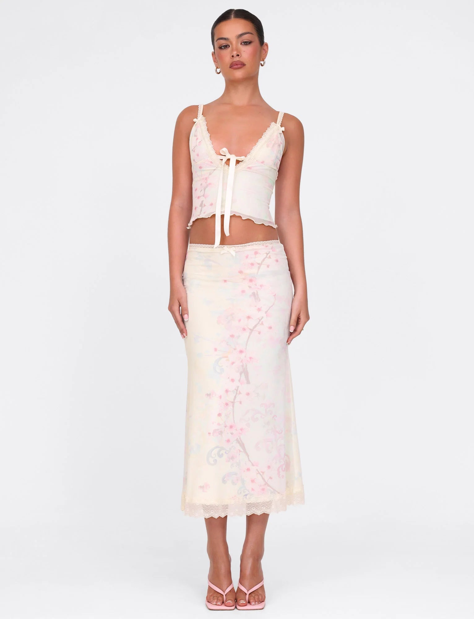 LONIE MIDI SKIRT NEUTRAL FLORAL WASHED CHERRY BLOSSOM
