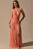 Cowl Neck Plunge Maxi Dress in Coral