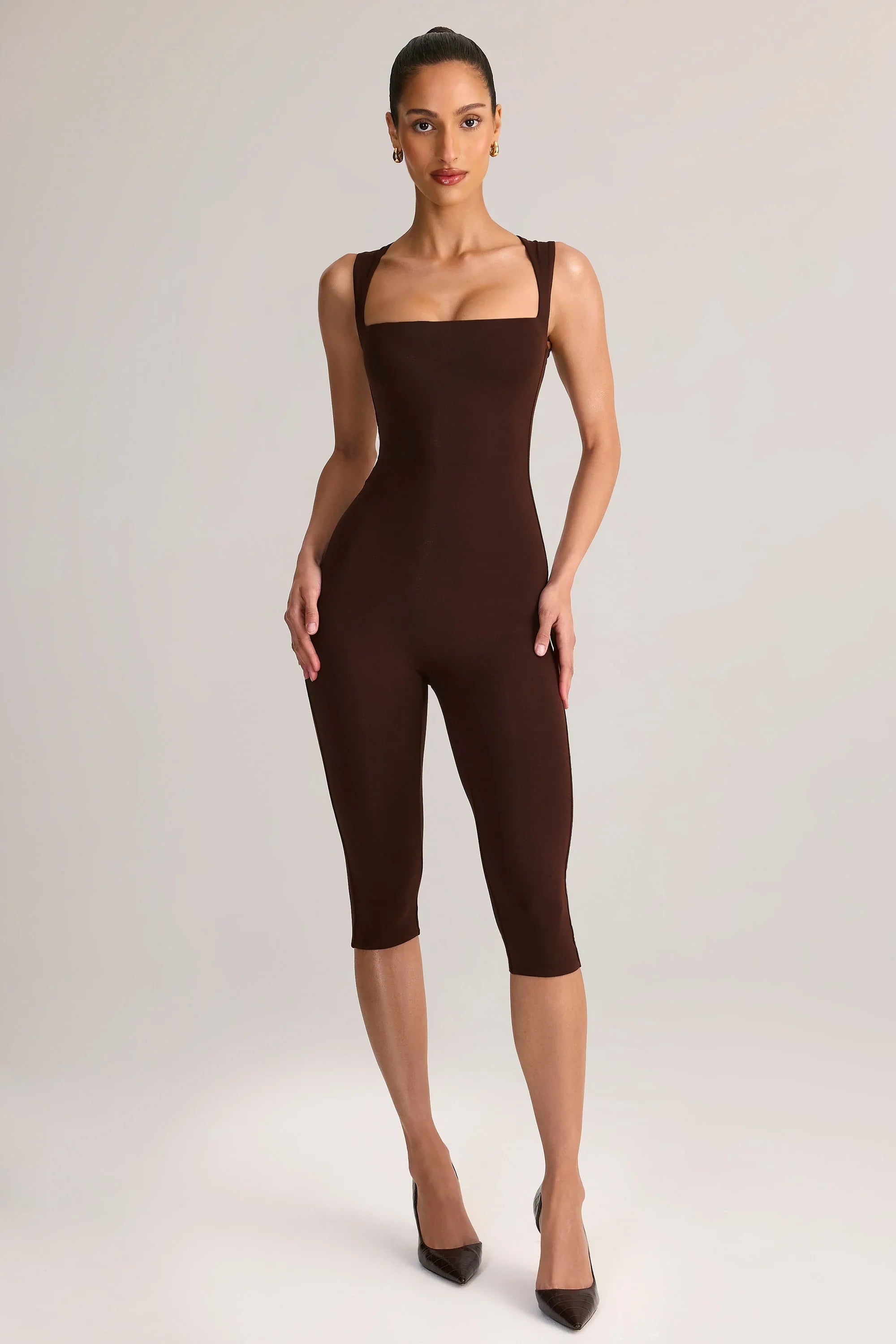 Modal Square Neck Bodycon Capri Jumpsuit in Chocolate Brown