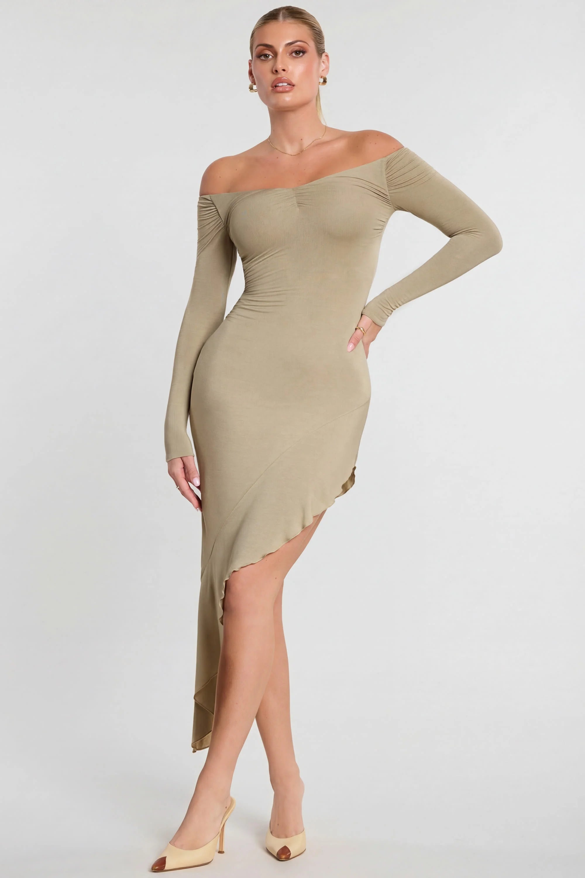 Long Sleeve Off The Shoulder Modal Cashmere Blend Maxi Dress in Taupe