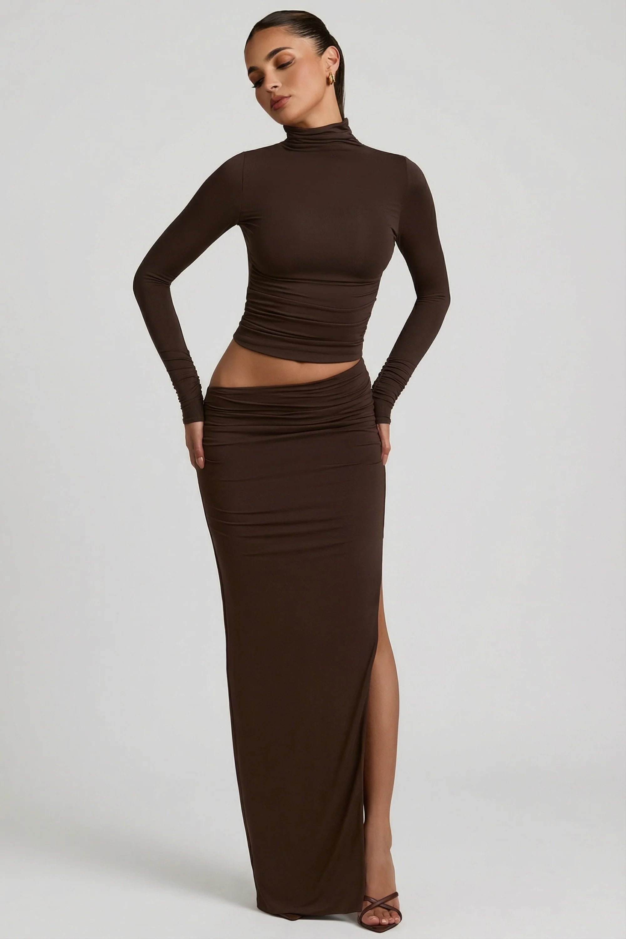 Modal Asymmetric Waist Maxi Skirt in Chocolate Brown