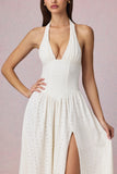 Modal Broderie Anglaise Halterneck Midaxi Dress in White
