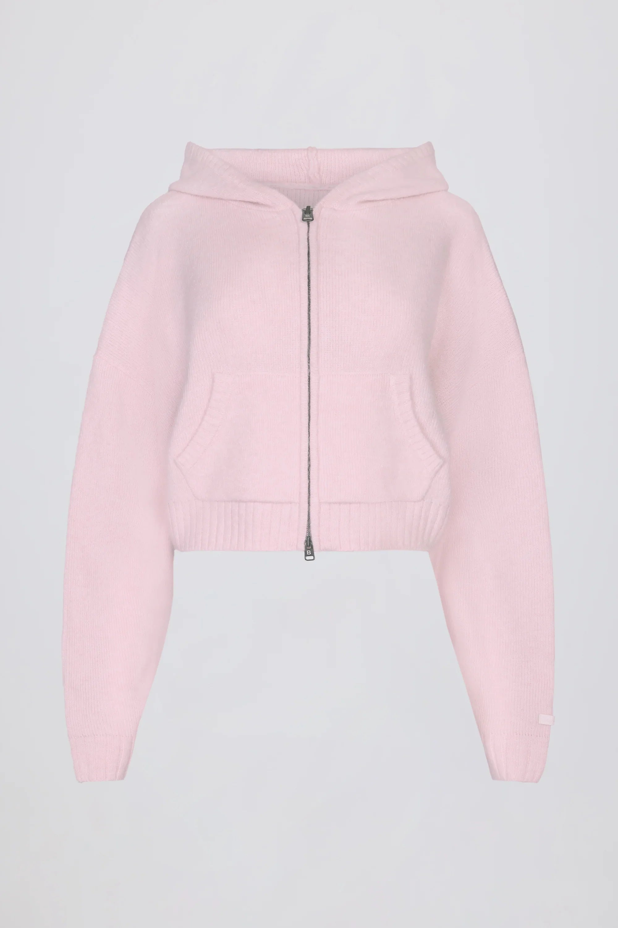 Soft Knit Zip Up Cropped Hoodie in Soft Pink