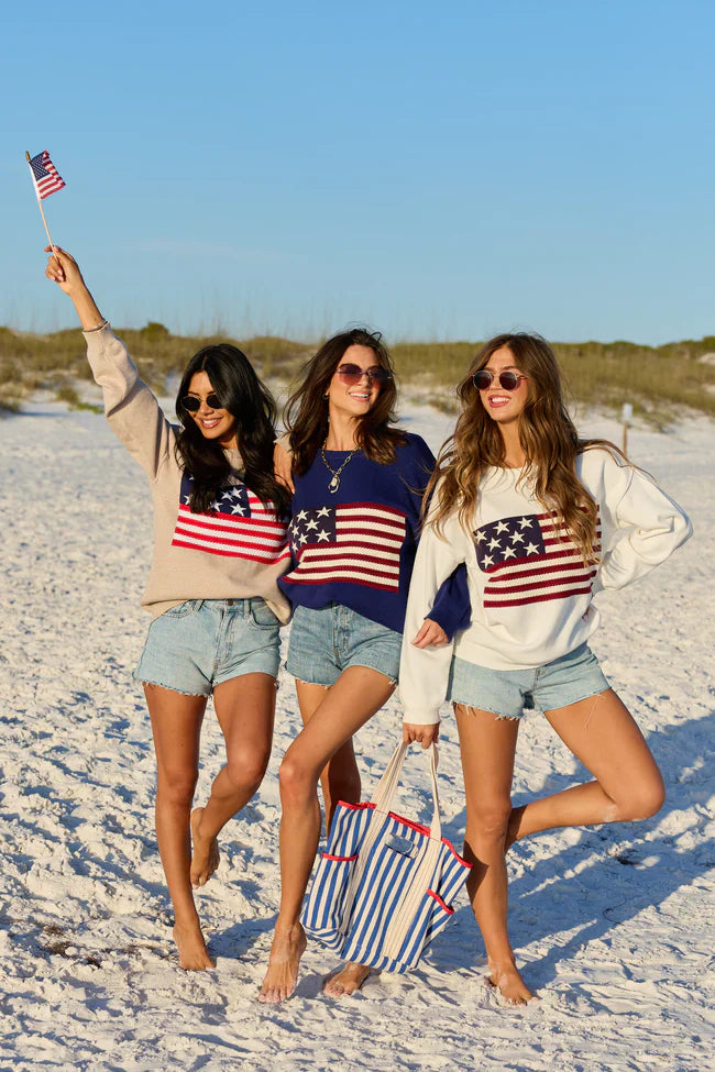 Home Of The Free Ivory Textured Flag Sweater