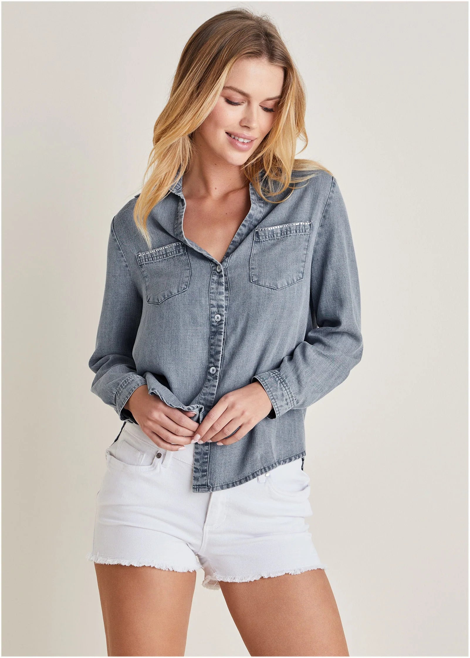 Chambray Button Down Top Medium Wash