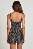 Embellished Cowl Neck A line Mini Dress in Silver Snake