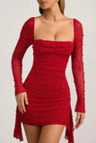 Embellished Cowl Neck Draped Mini Dress in True Red