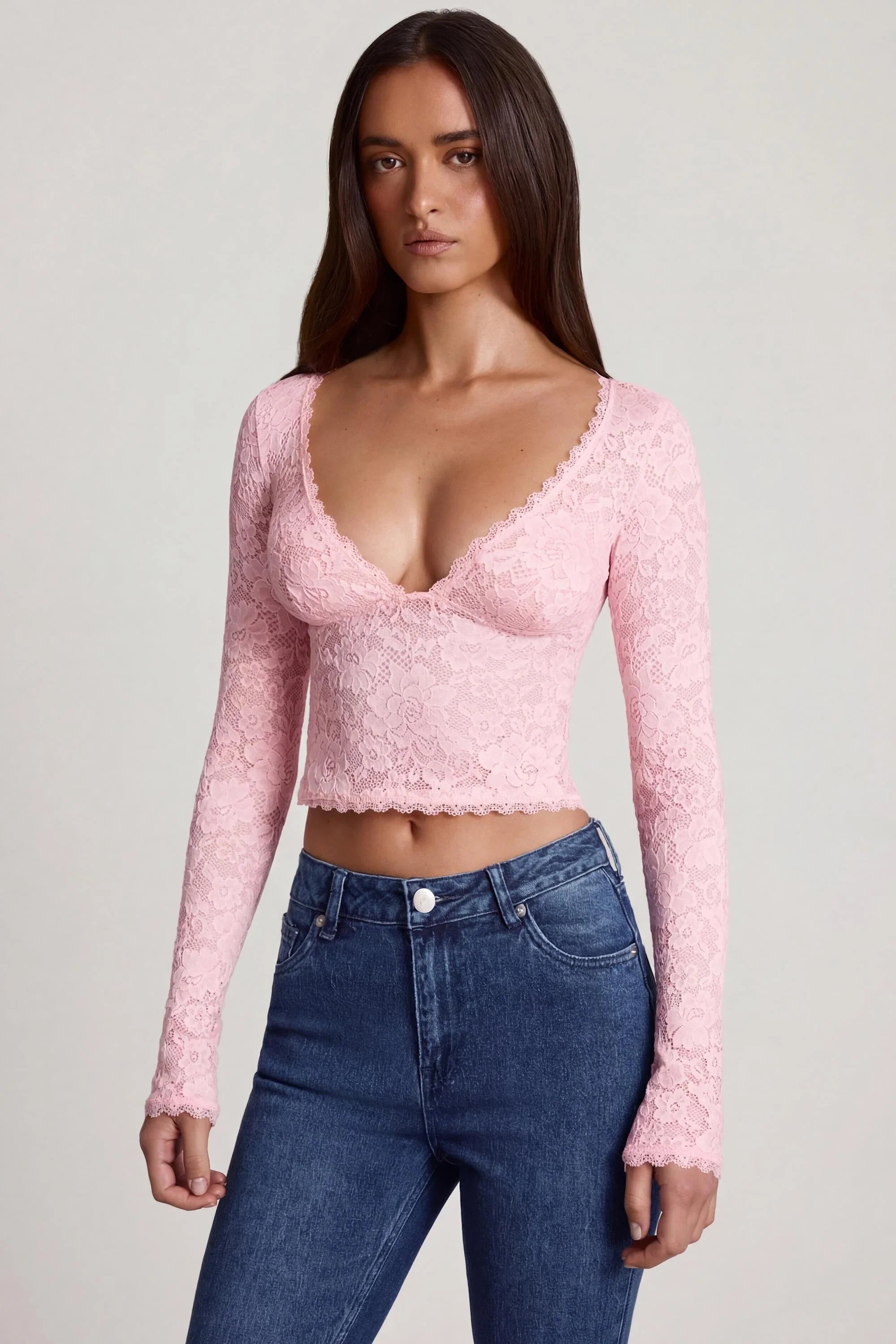 Sheer Lace Plunge Neck Long Sleeve Top in Pink