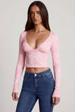 Sheer Lace Plunge Neck Long Sleeve Top in Pink