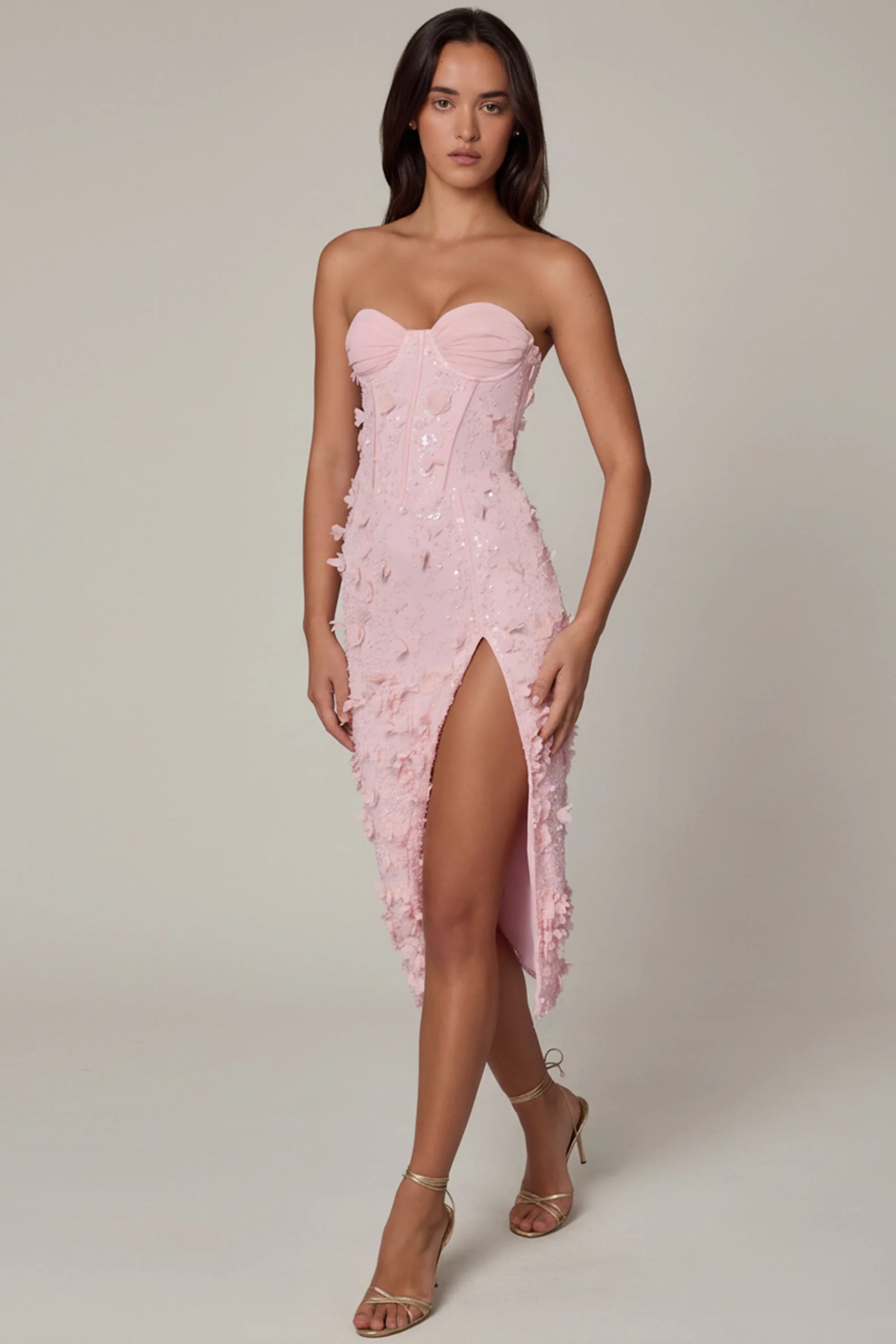 Lace Up Corset Midaxi Dress with Split in Soft Pink