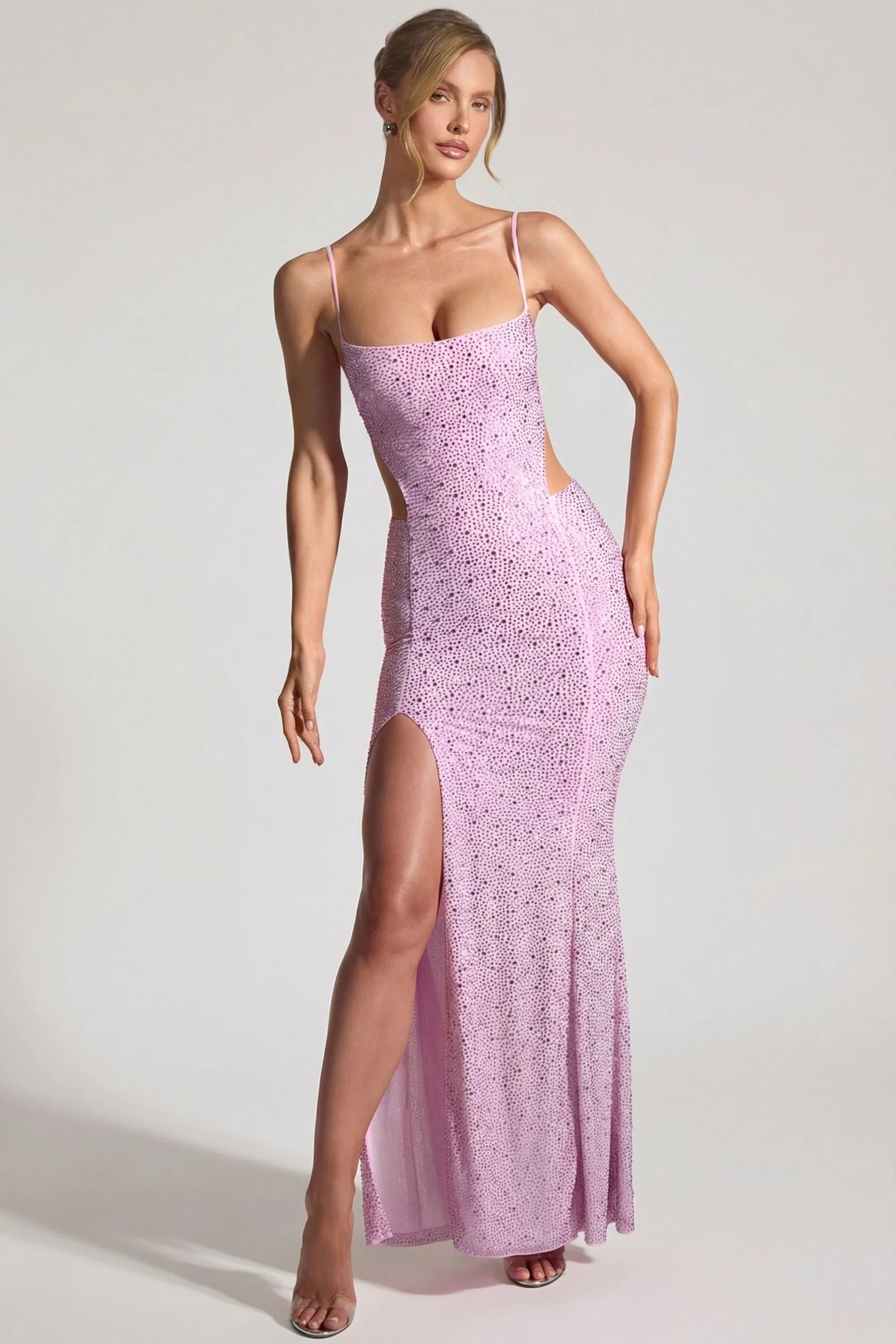 Embellished Cut Out Fishtail Maxi Dress in Peony Pink