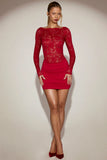 Sheer Lace Boat Neck Mini Dress in True Red
