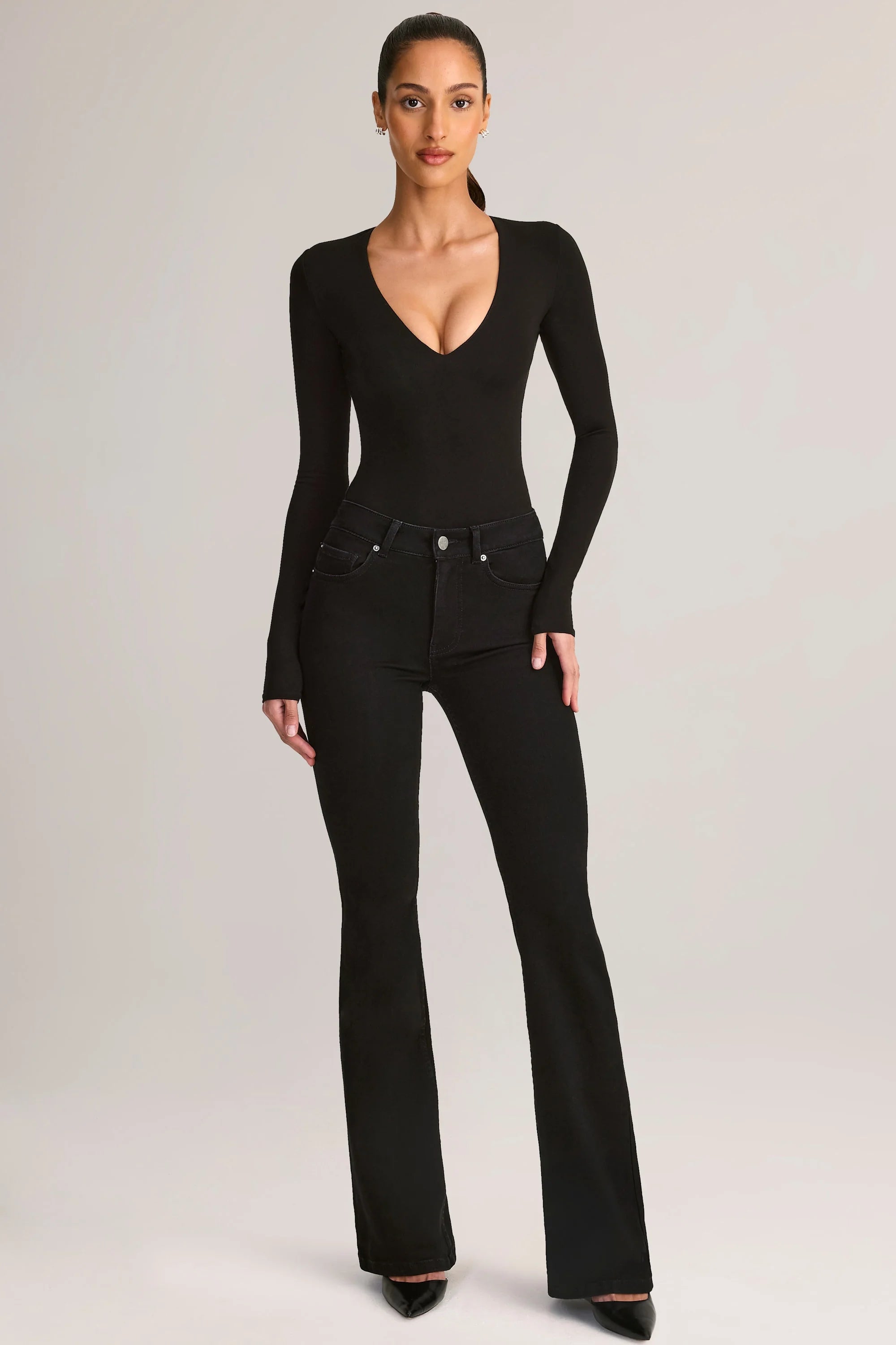Modal Plunge Long Sleeve Bodysuit in Black