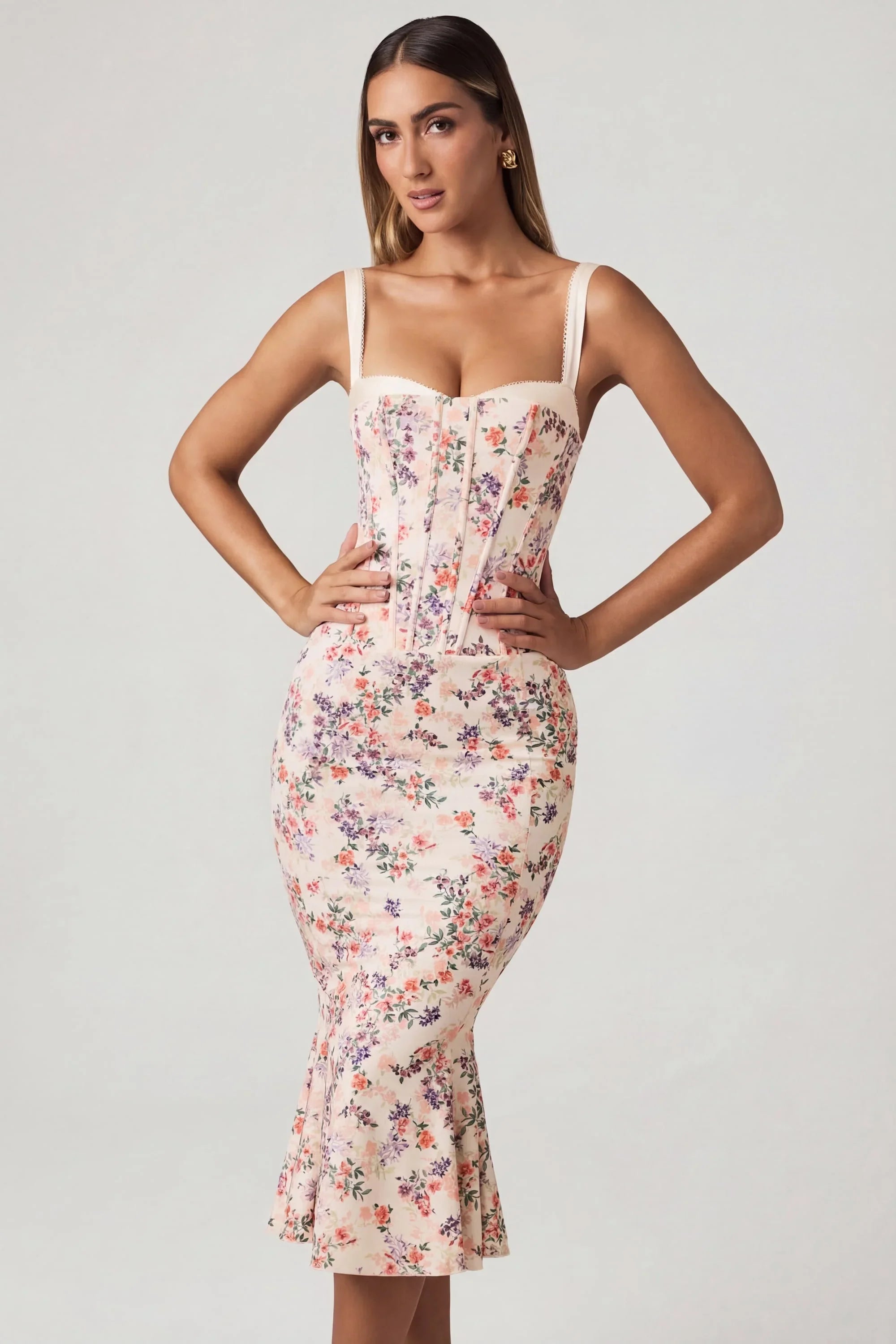Layered Bra Detail Fishtail Midaxi Dress in Primrose Floral Print