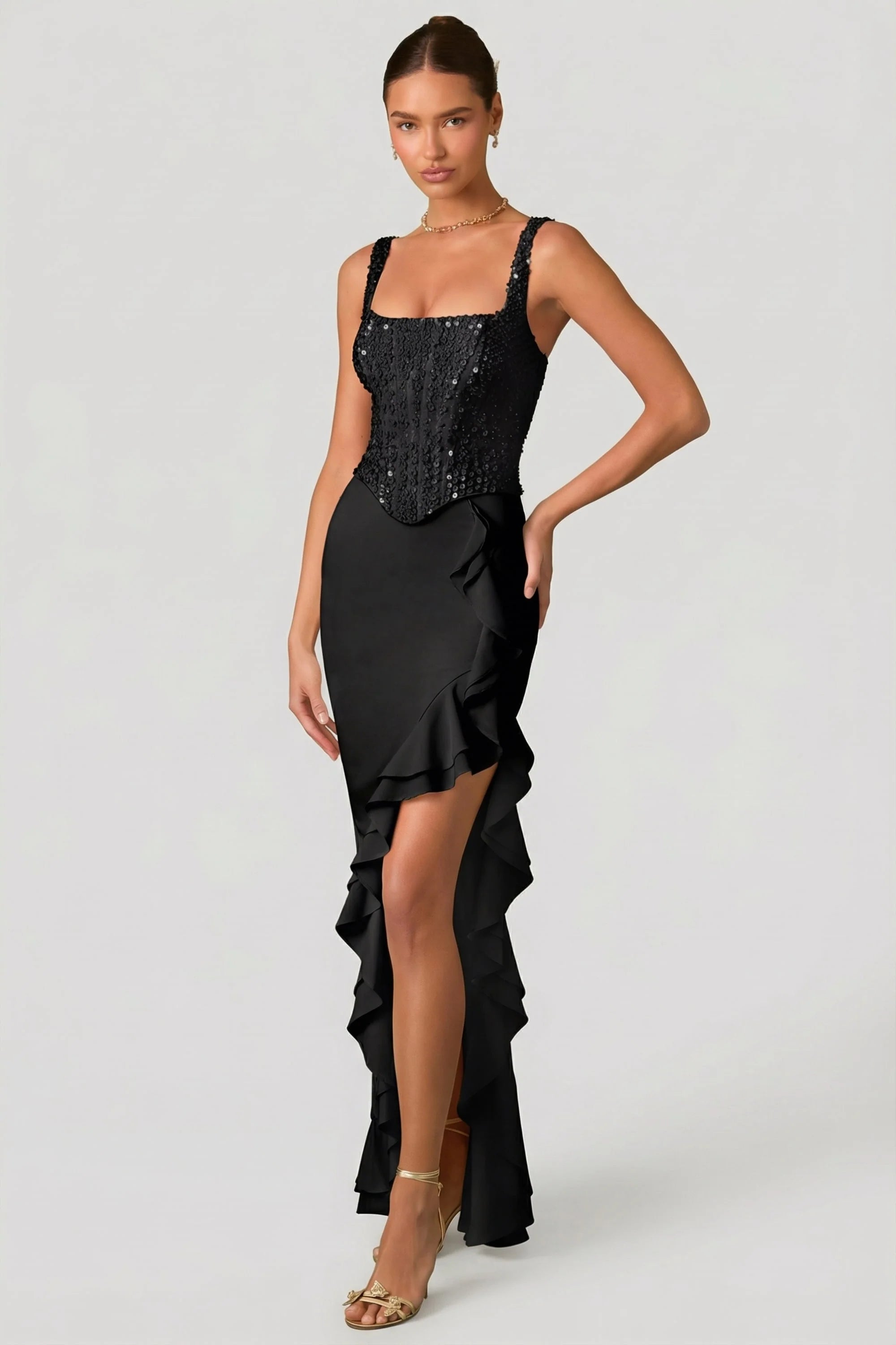 Embellished Ruffle Trim Corset Gown in Black
