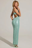 Embellished Cowl Neck Maxi Dress in Aqua Blue