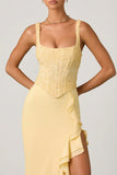 Embellished Ruffle Trim Corset Gown in Yellow