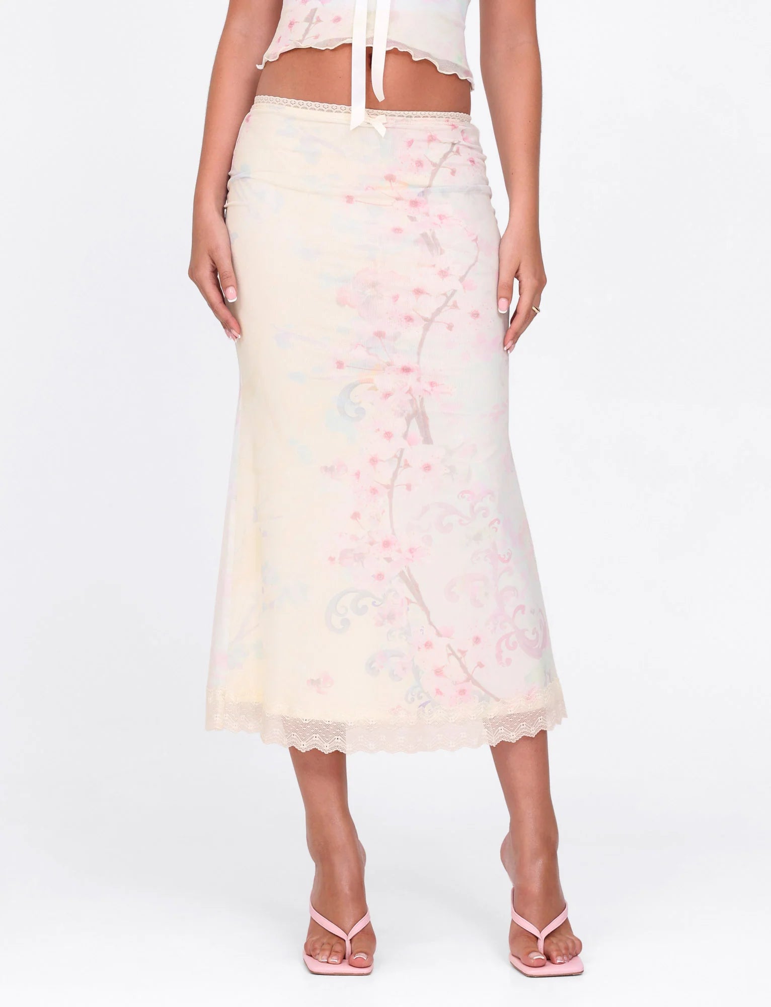 LONIE MIDI SKIRT NEUTRAL FLORAL WASHED CHERRY BLOSSOM