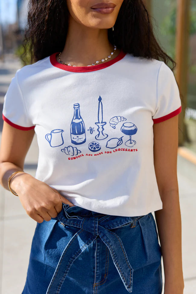 Croissants For Dinner White Graphic Cropped Tee