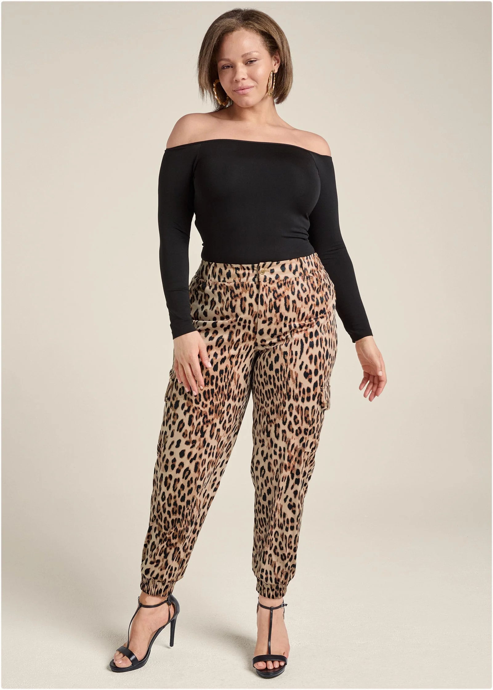 Faux Suede Leopard Print Cargo Pants Brown Multi