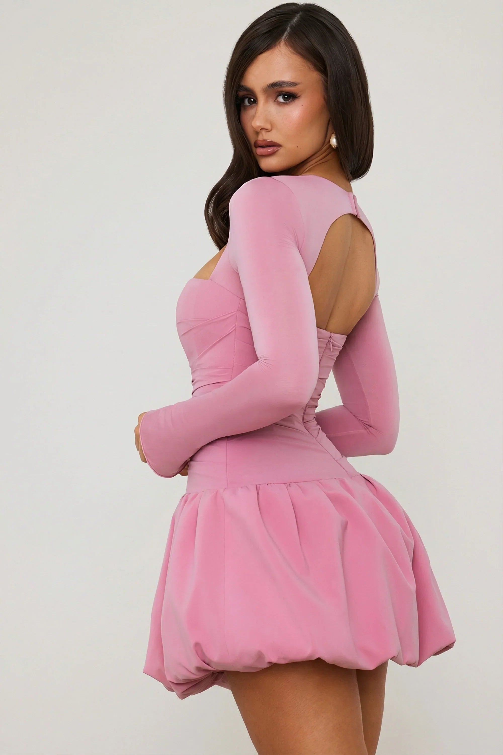 Long Sleeve Bubble Hem Mini Dress in Mauve