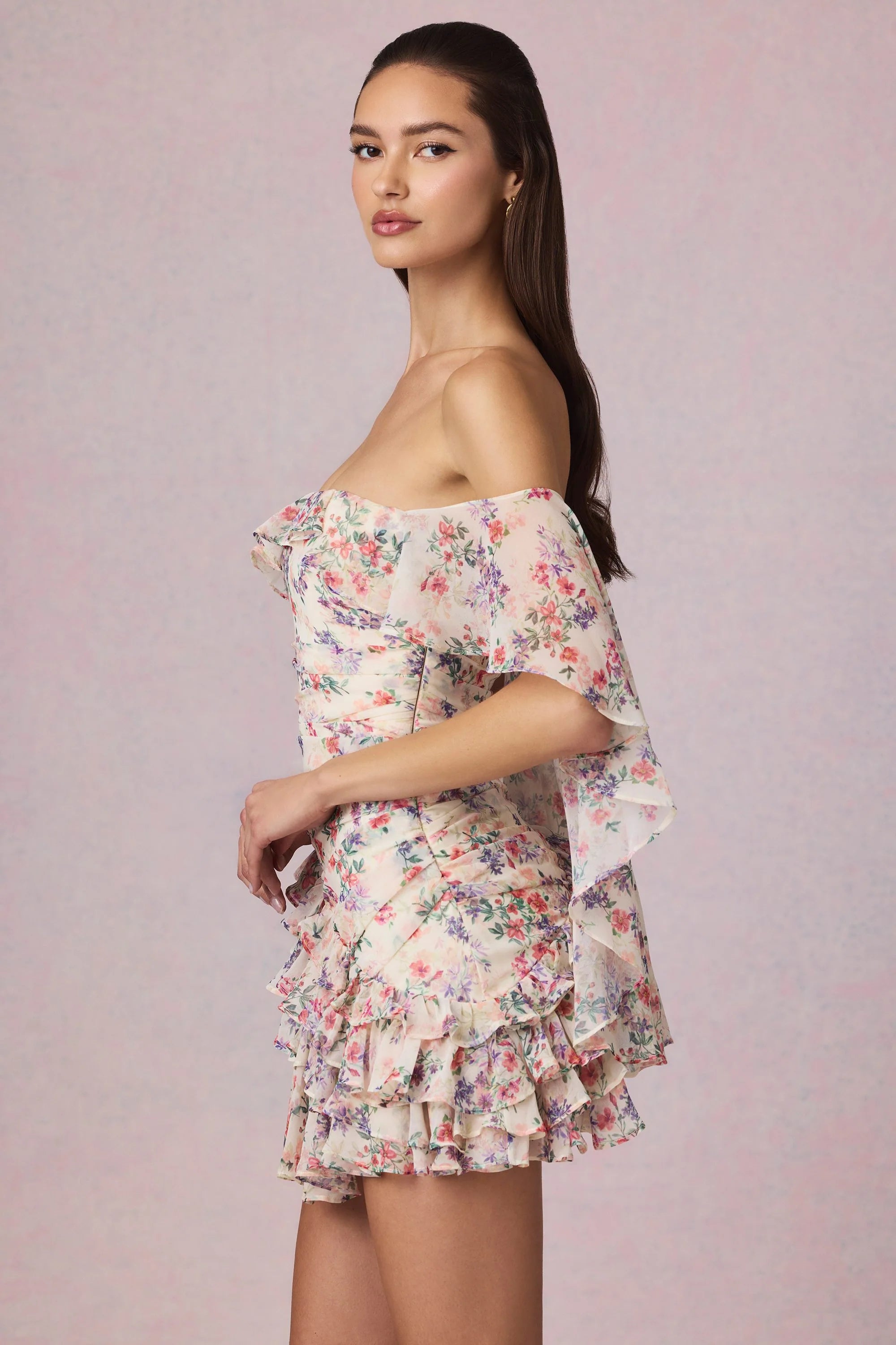 Off Shoulder Ruffled Mini Dress in Primrose Floral Print