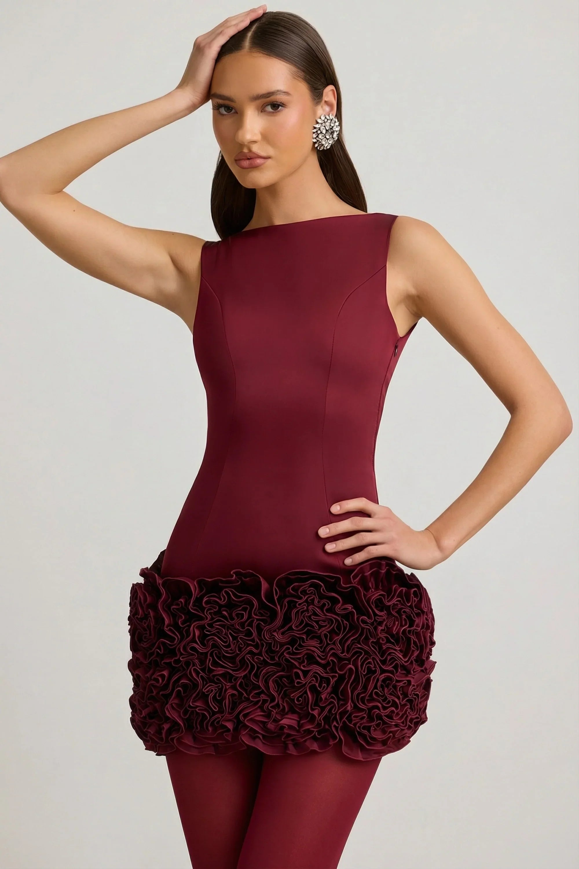 Satin Floral Appliqué Open Back Mini Dress in Wine Red