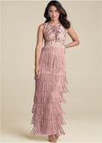 Embroidered Fringe Long Dress Tan