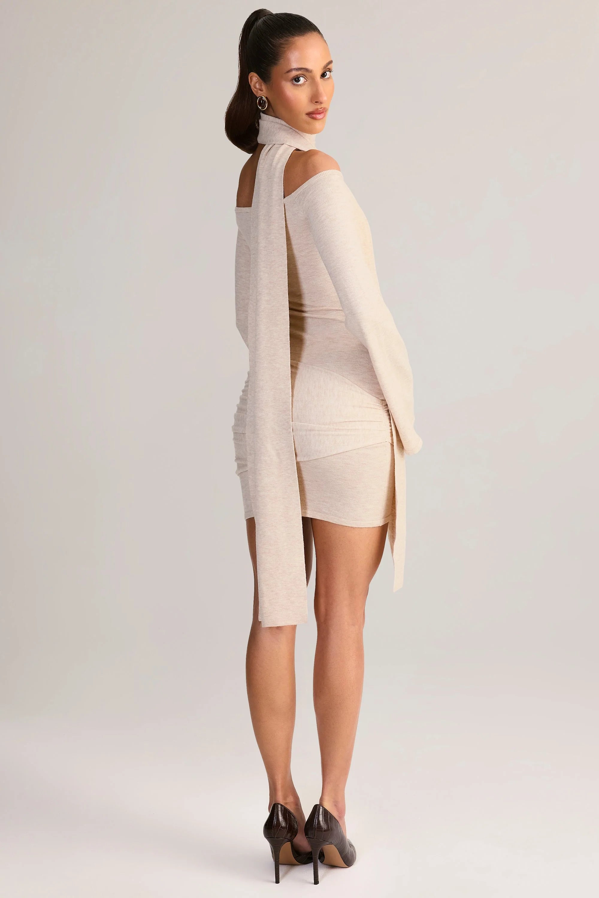 Knit Scarf Detail Off Shoulder Mini Dress in Cream