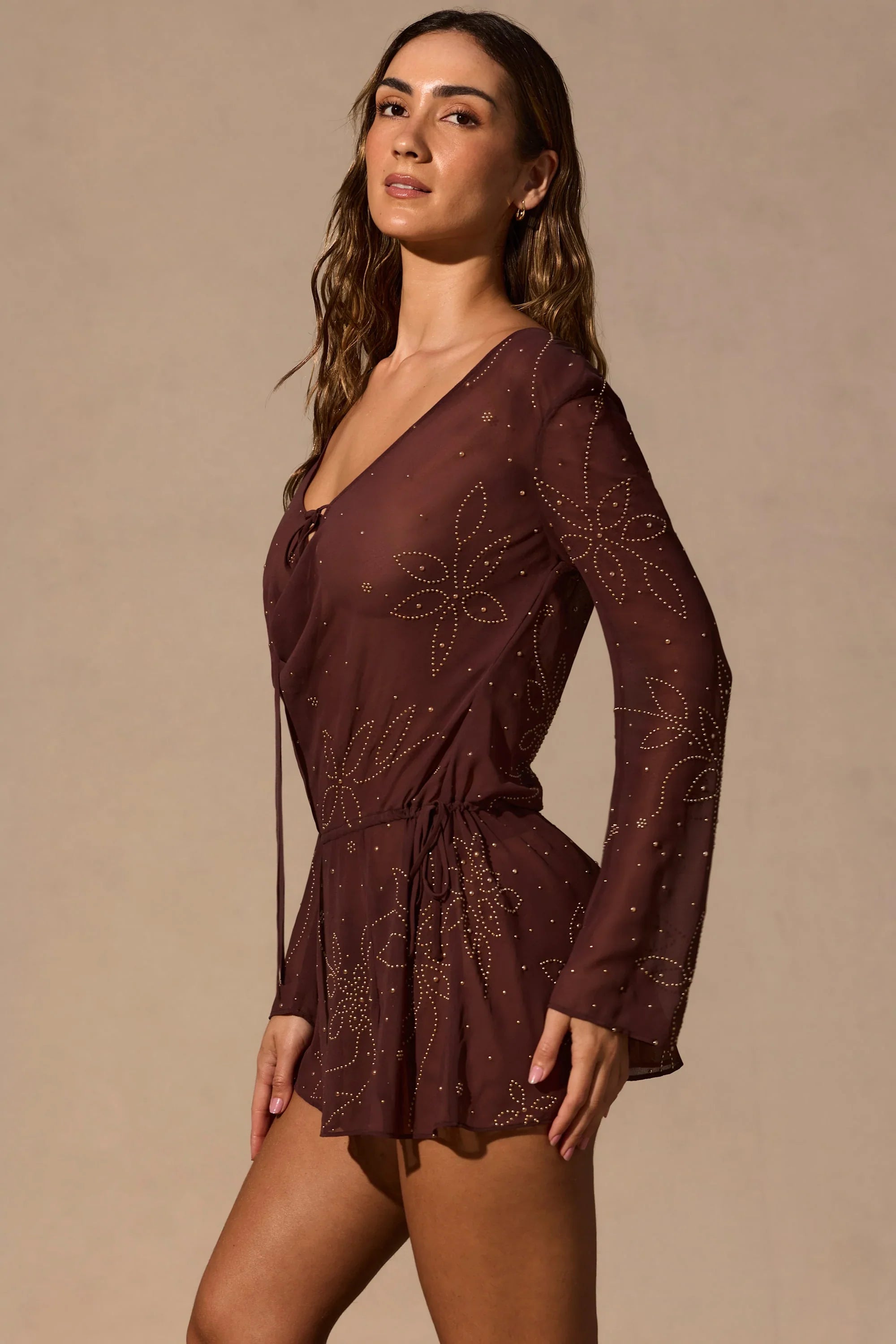 Long Sleeve Mini Dress in Espresso Brown
