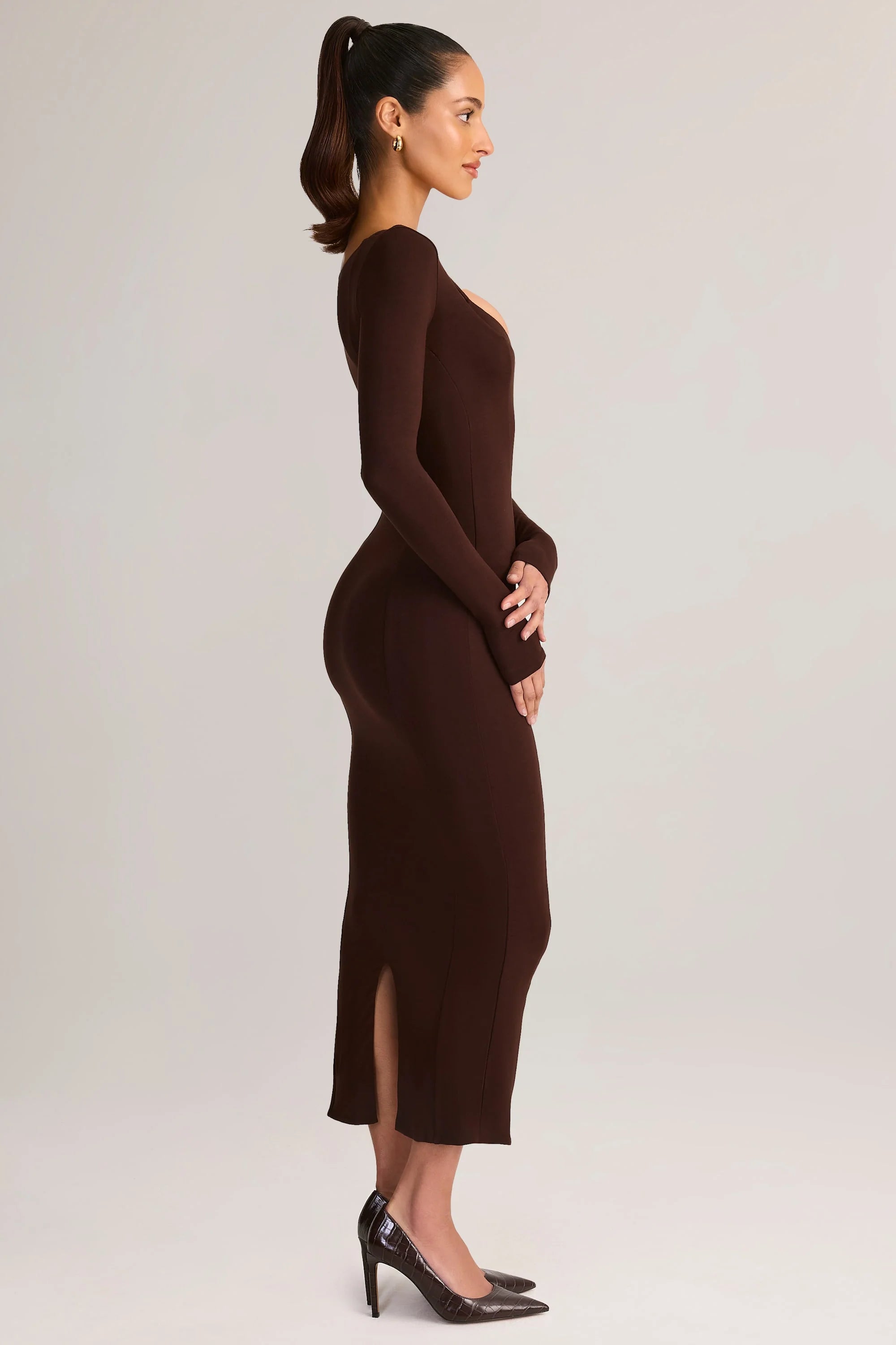 Modal Peekaboo Long Sleeve Midi Dress in Chocolate Brown