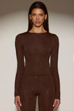 Embellished Crew Neck Long Sleeve Top in Chocolate Brown