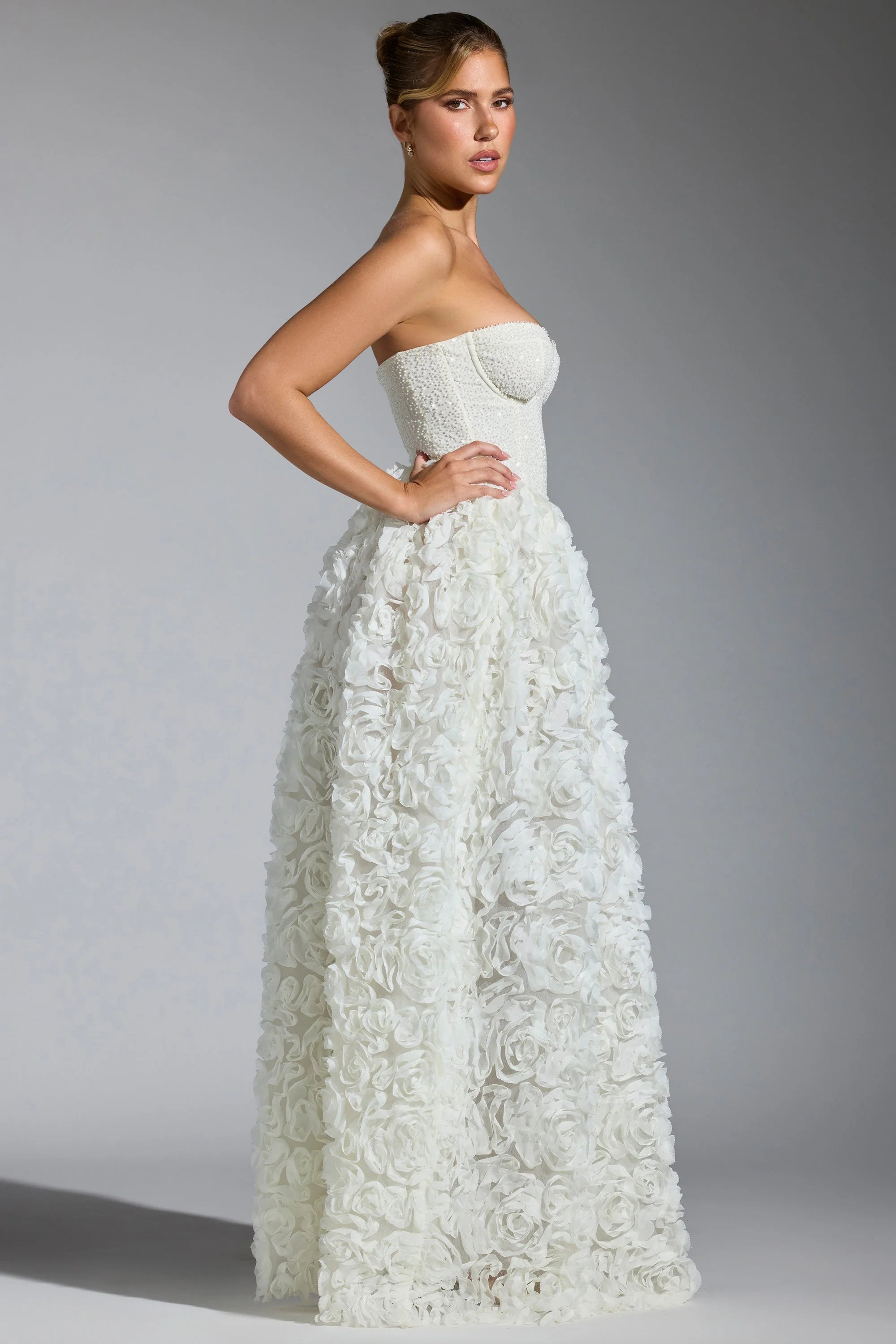 Embellished Floral Appliqué Corset Gown in White