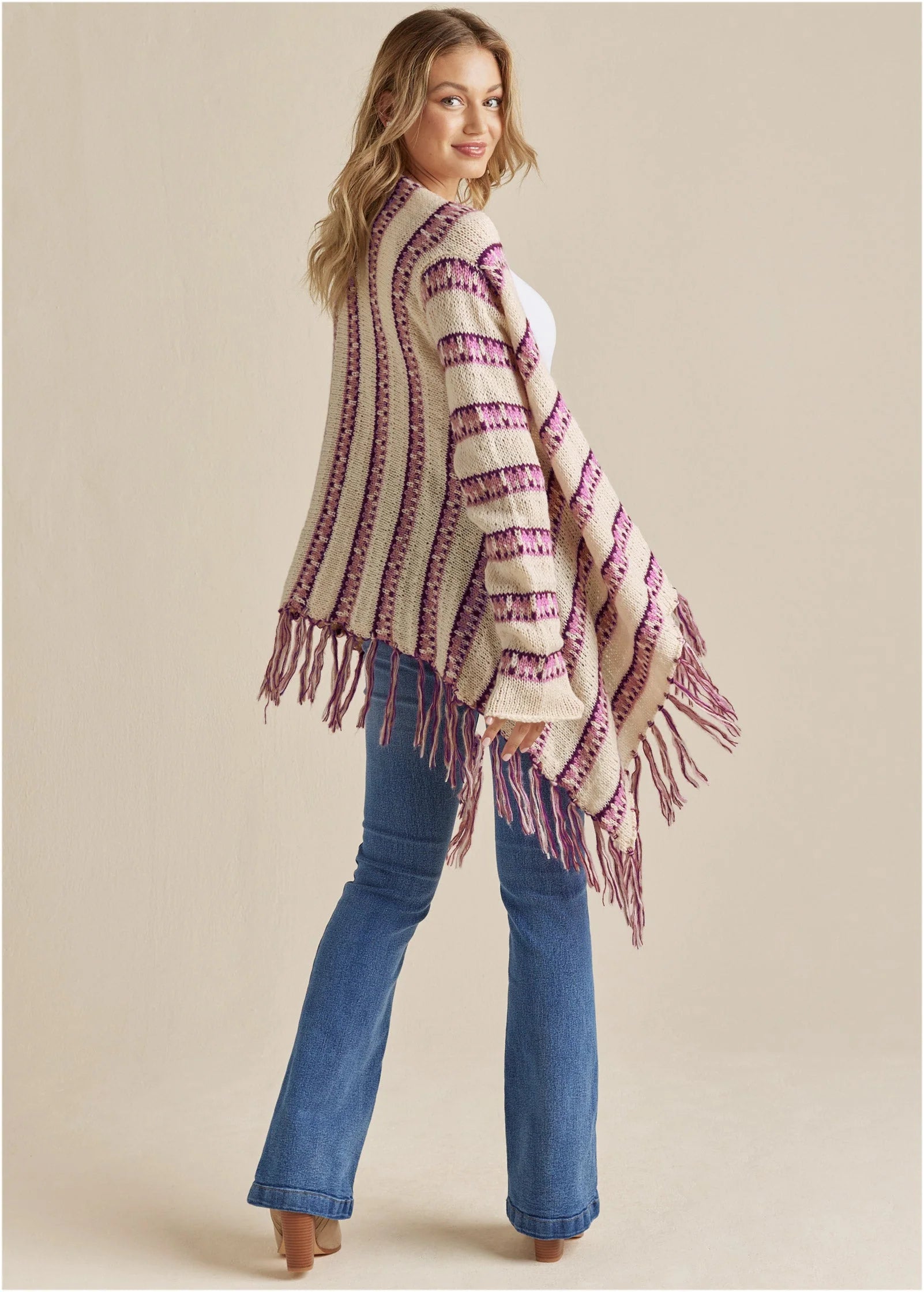 Stripe Fringe Cardigan Beige Multi