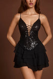 Embellished Lace Up Ruffle Mini Dress in Black Zebra