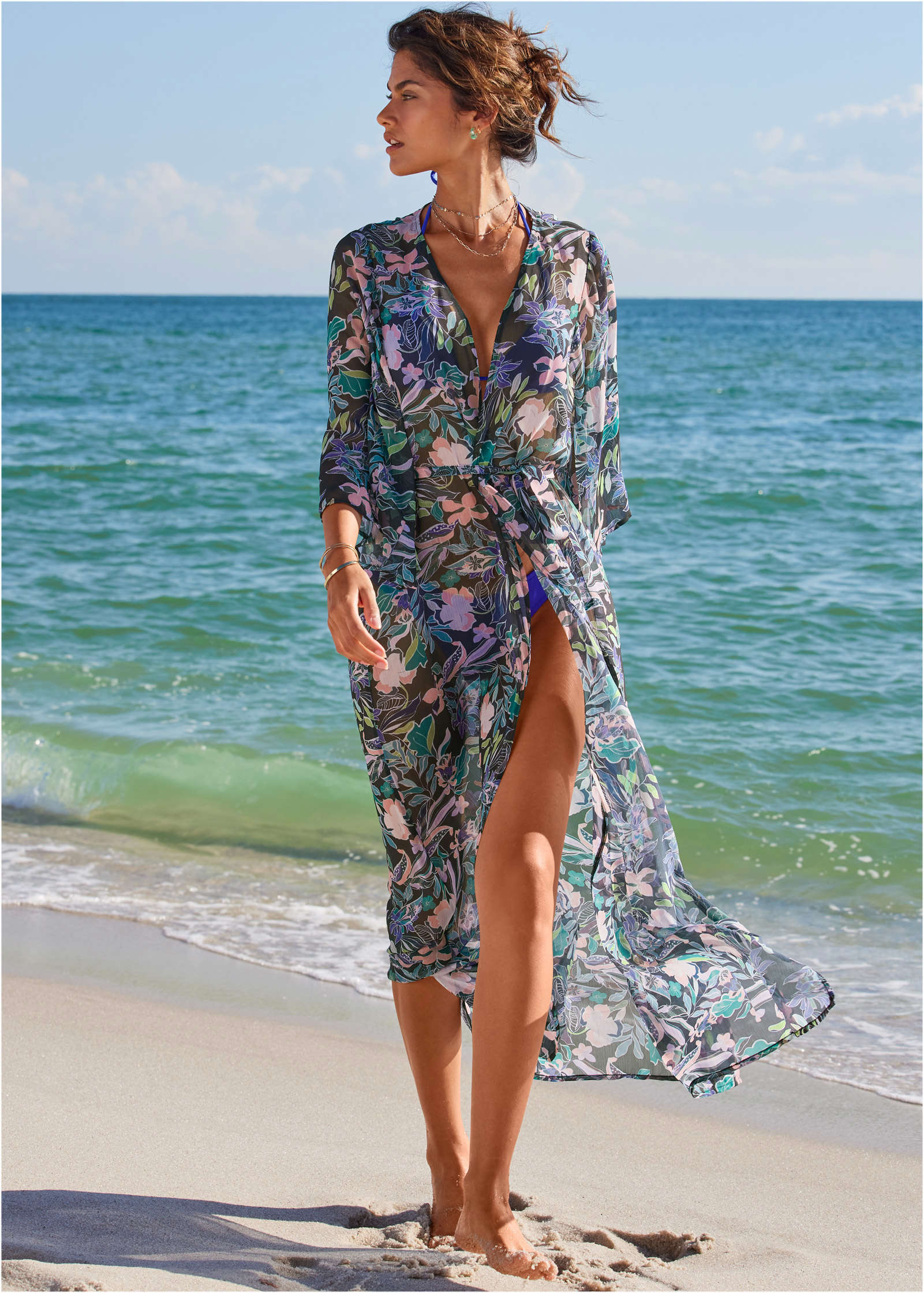 Bell Sleeve Long Cover Up Tropical Walks
