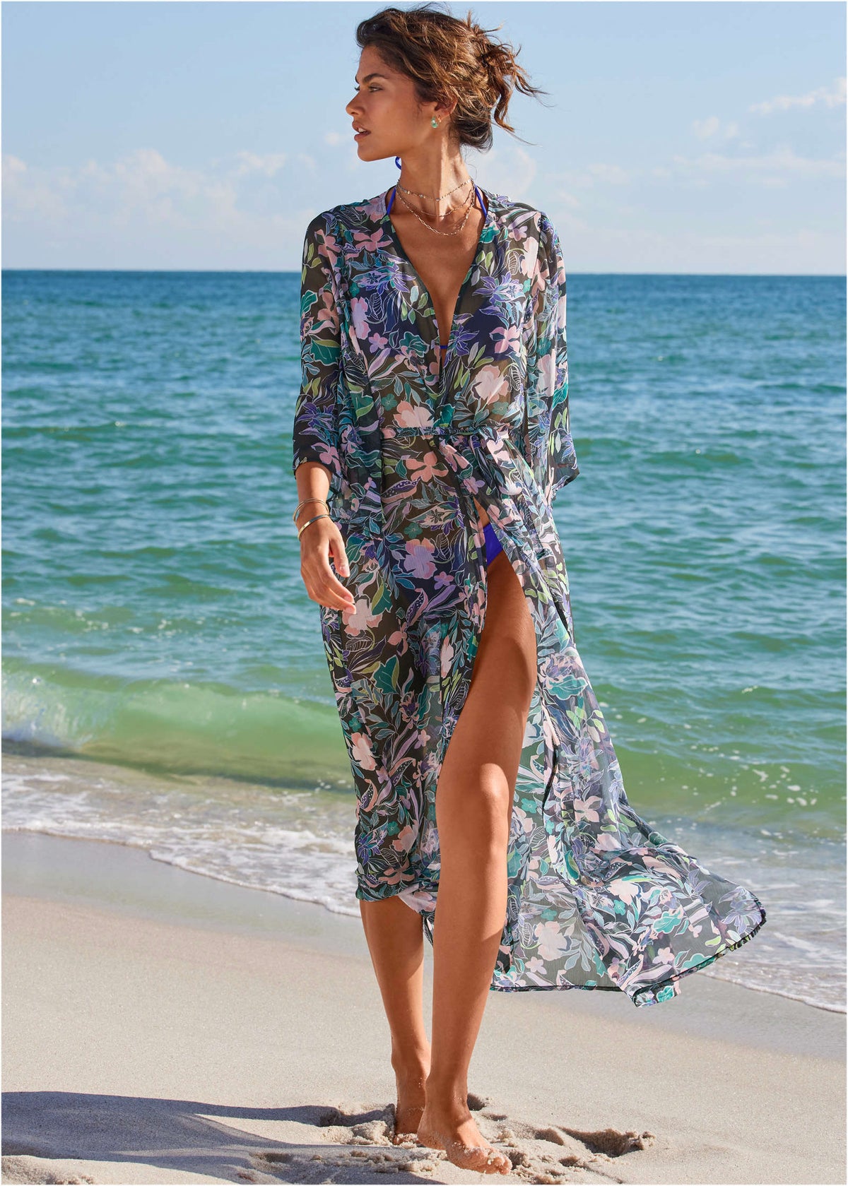 Bell Sleeve Long Cover Up Tropical Walks
