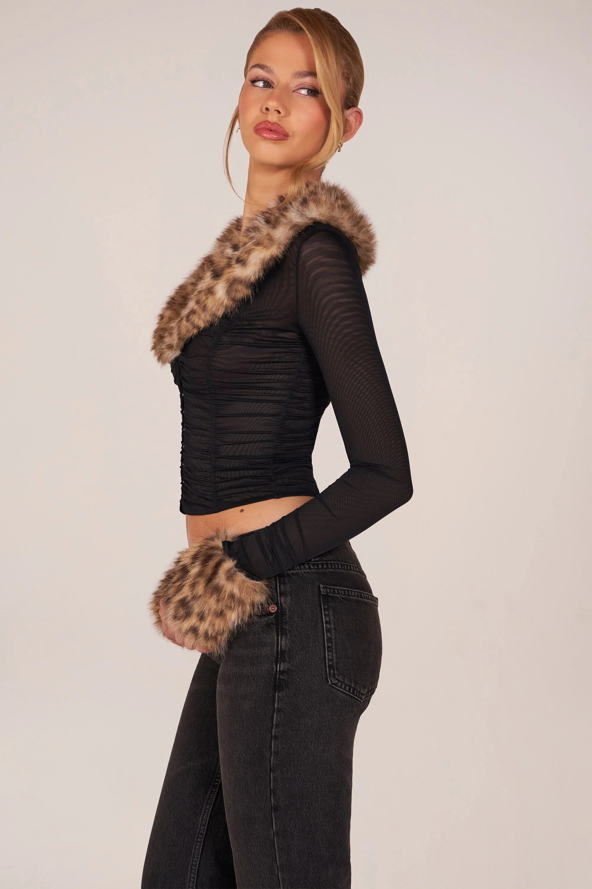Faux Fur Trim Sheer Mesh Cardigan in Black