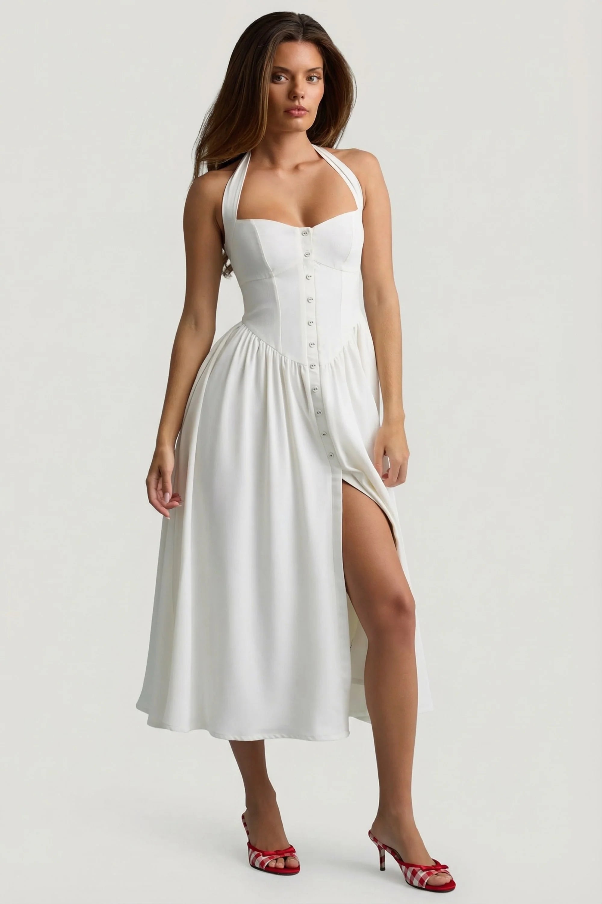 Button Detail Halterneck Midaxi Dress in White