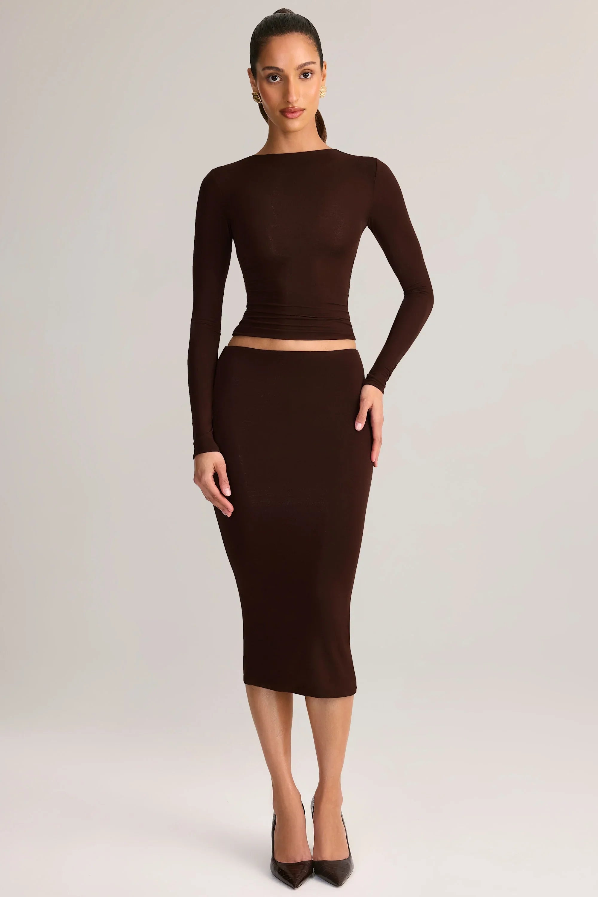 Modal Mid Rise Pencil Midi Skirt in Chocolate Brown