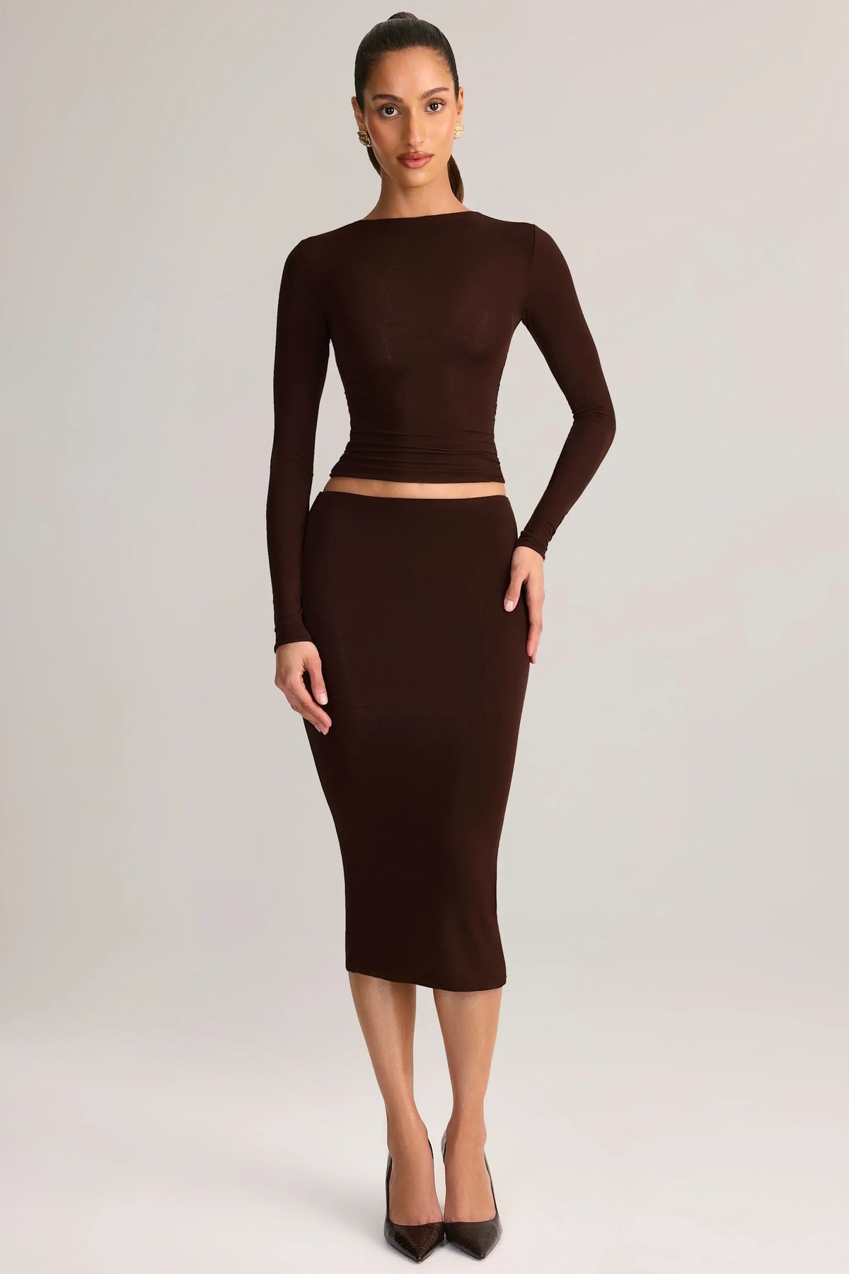 Modal Mid Rise Pencil Midi Skirt in Chocolate Brown
