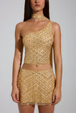 Embellished Asymmetric Scarf Detail Top in Gold