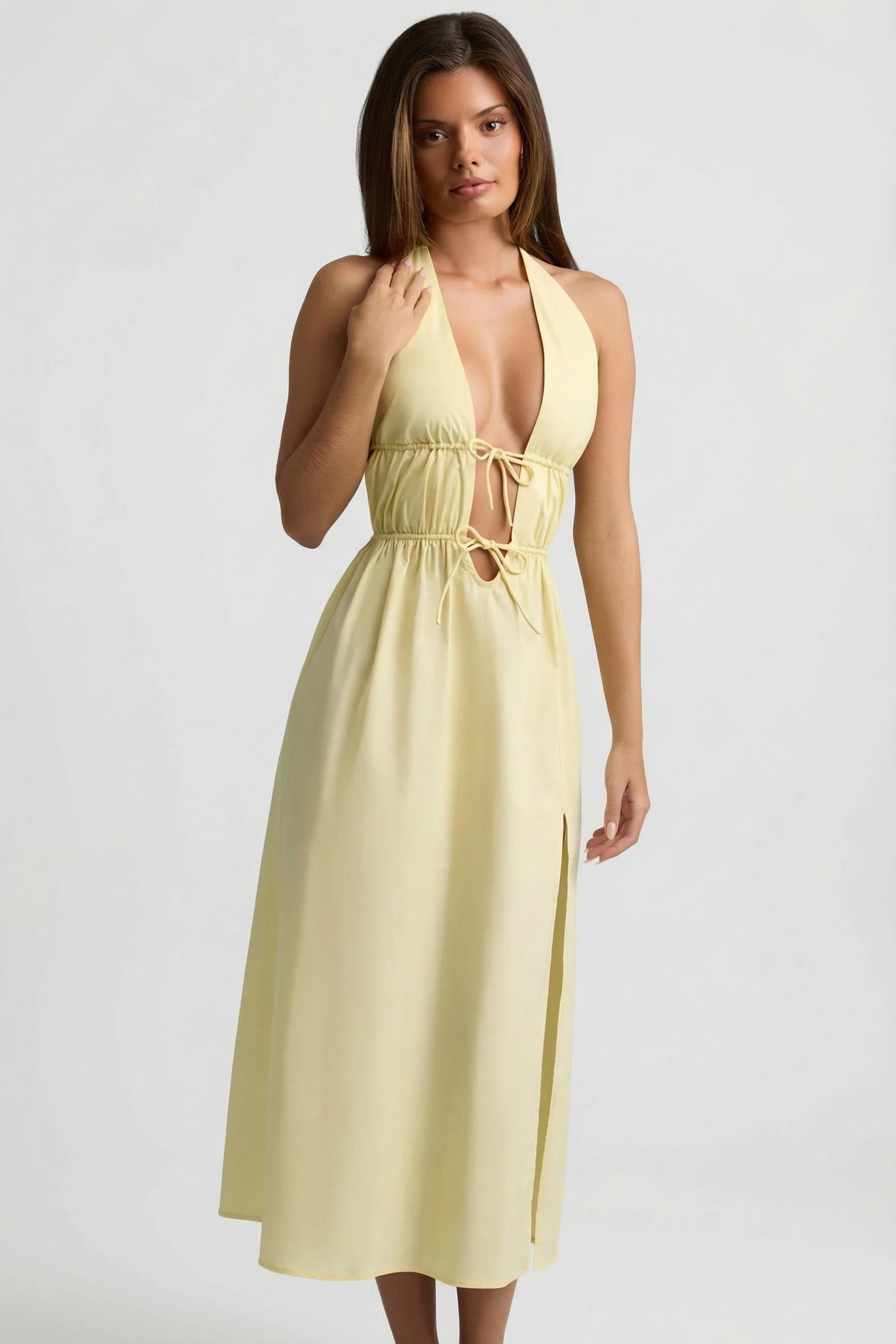 Backless Cotton Poplin Midaxi Dress in Lemon Yellow