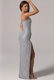 Embellished Bandeau Cowl Waist Maxi Dress in Silver
