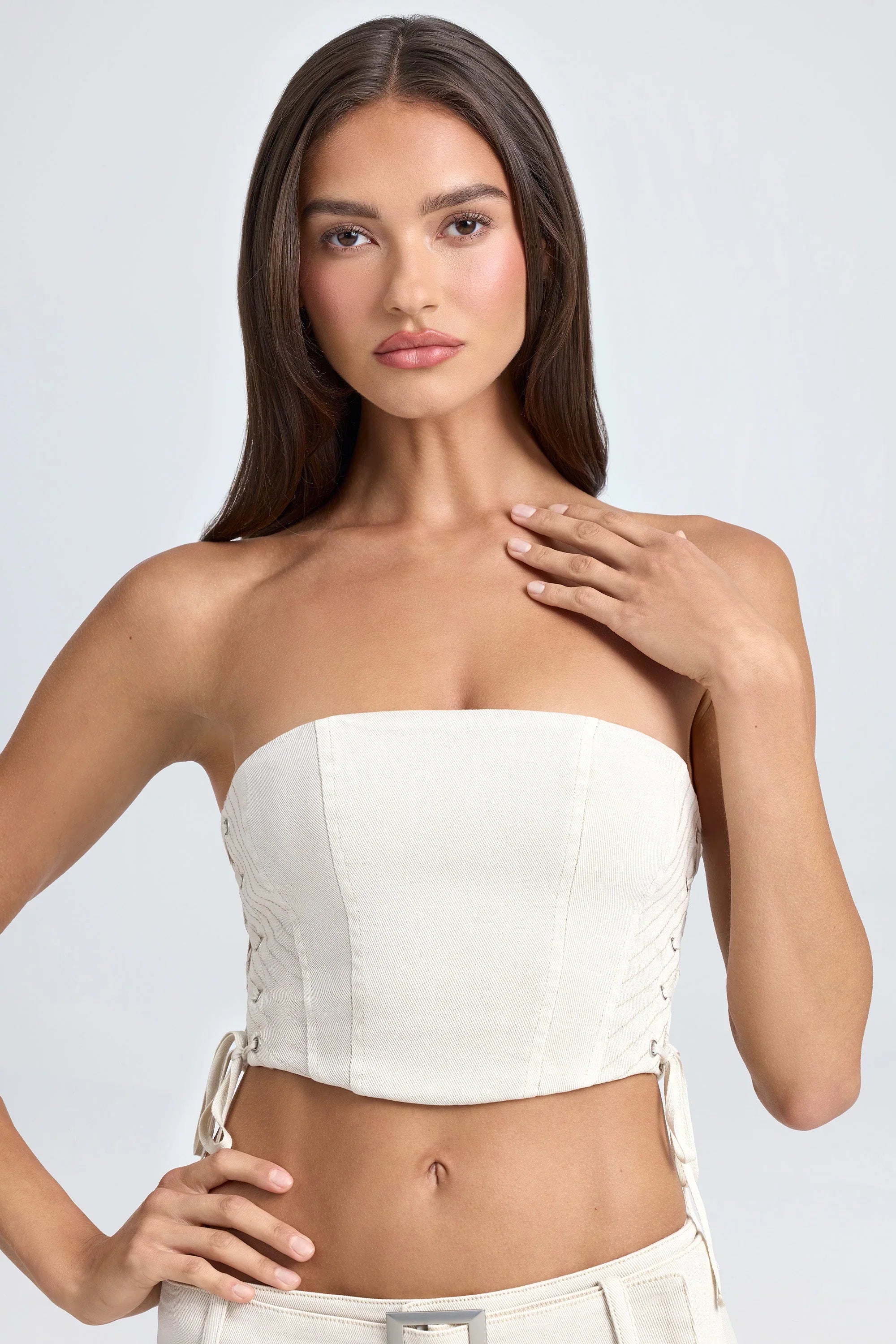 Bandeau Lace Up Corset Crop Top in Ecru