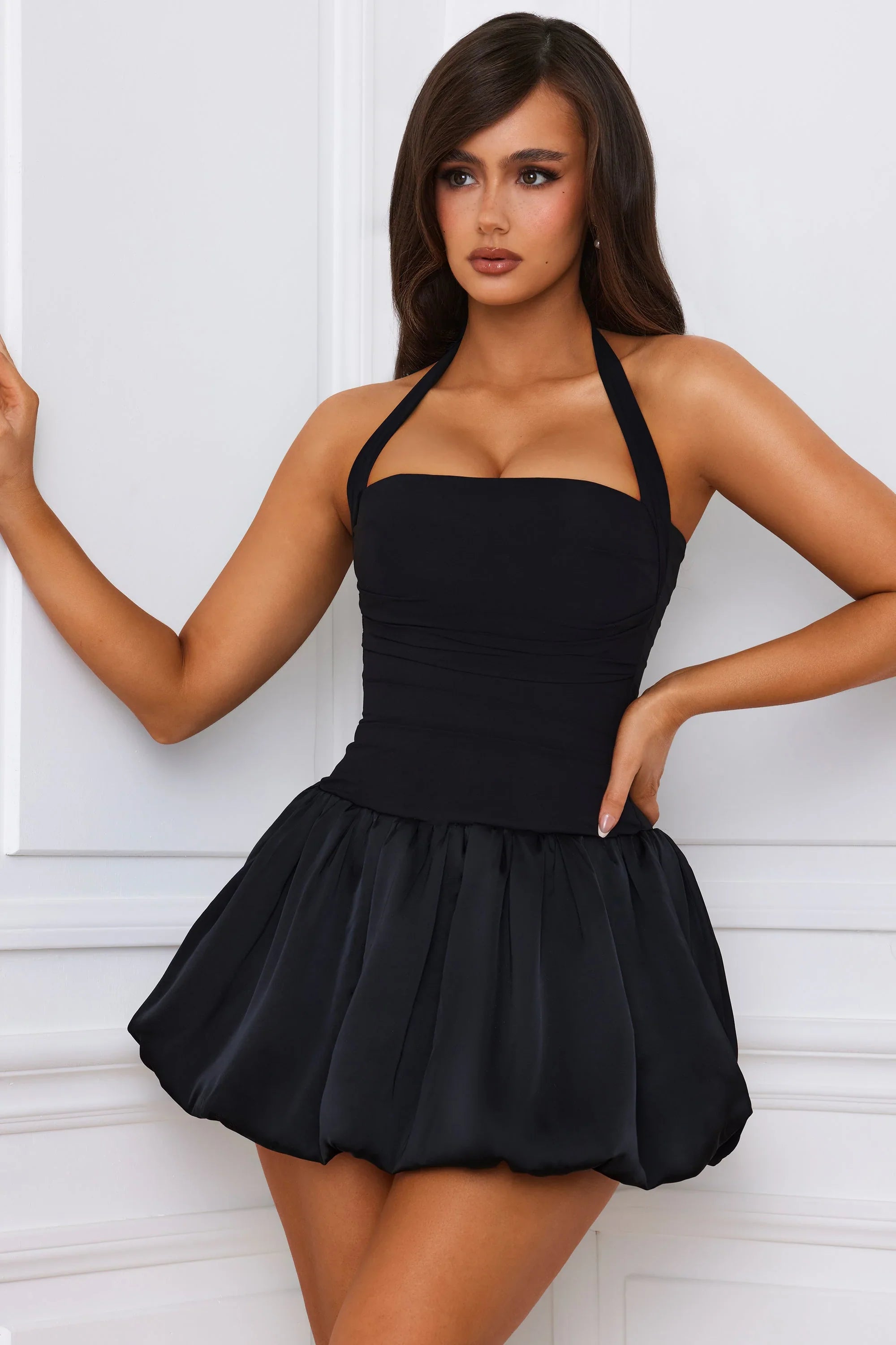 Halterneck Lace Up Bubble Hem Corset Micro Mini Dress in Black