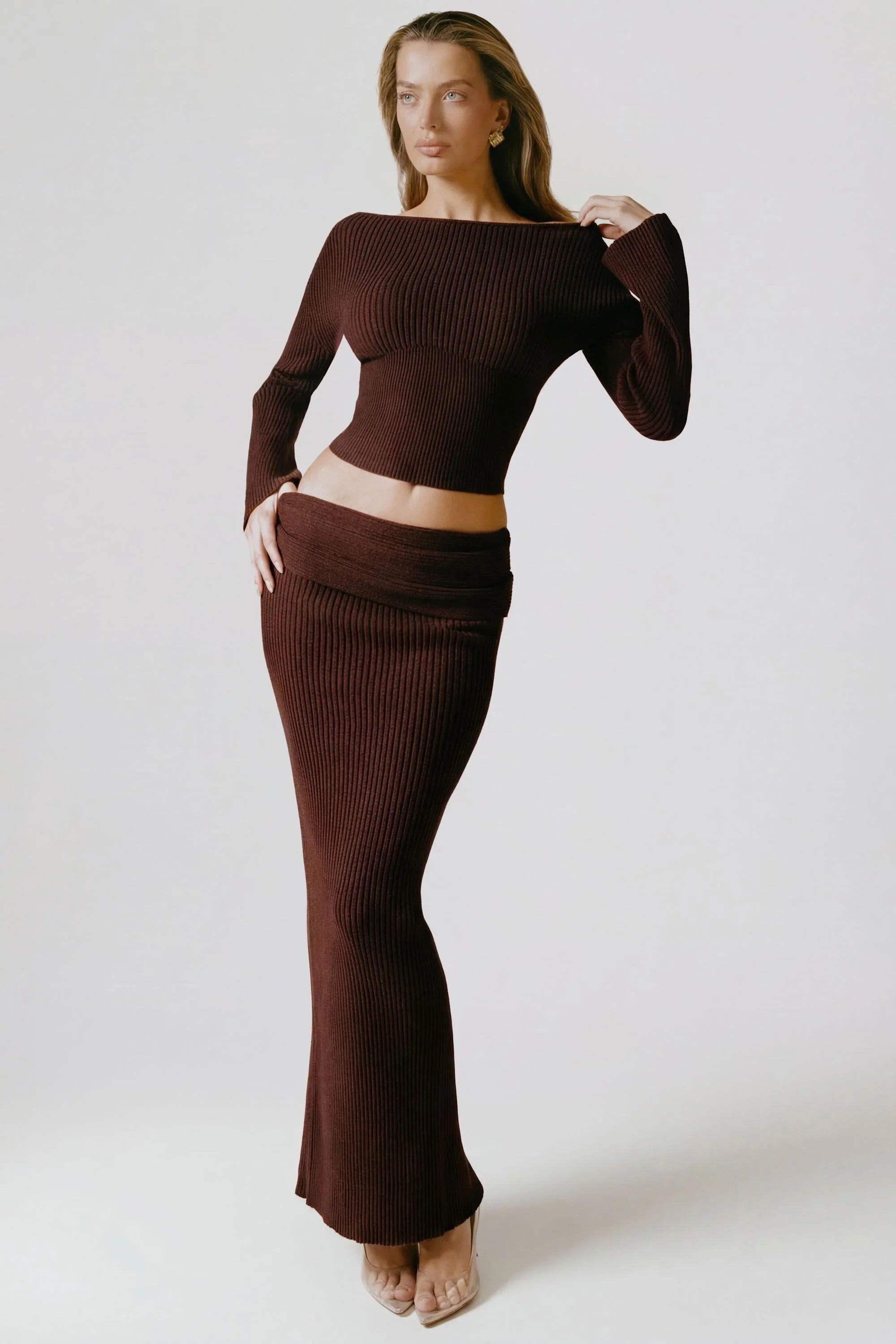Ribbed Knit Foldover Maxi Skirt in Espresso