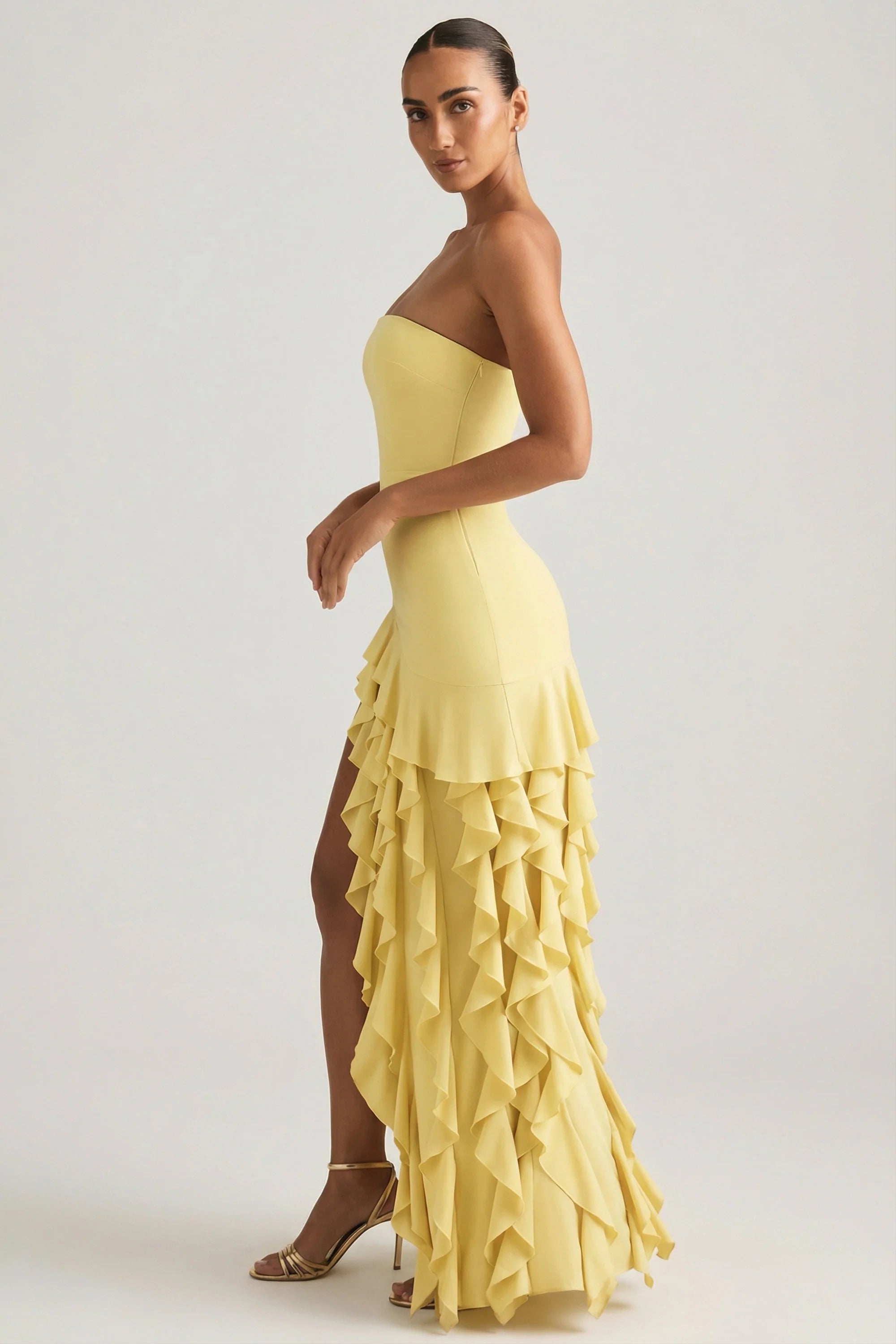 Ruffle Trim Strapless Gown in Pastel Yellow